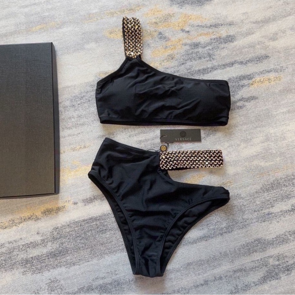 Versace Black and Gold One-Shoulder Bikini